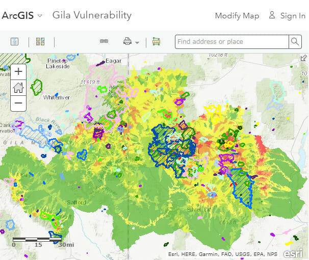 Gila trout climate vulnerability and sensitivity map